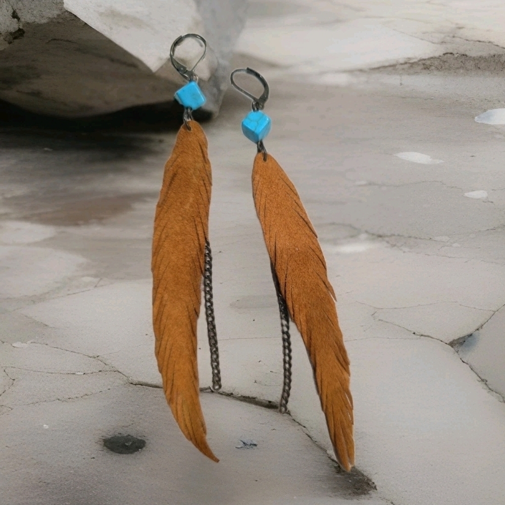 Pair of brown Tan Suede Leather Feather Earrings with a bohemian 5"